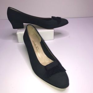 Salvatore Ferragamo Navy Suede Tassel Low Heels 8